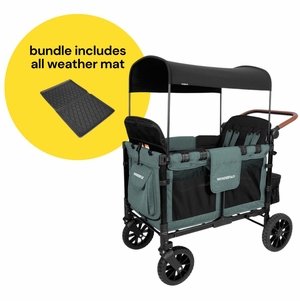 WonderFold W4 Luxe Multifunctional Quad (4 Seater) Stroller Wagon + All Weather Mat Bundle - Hunter Green (Albee Exclusive)