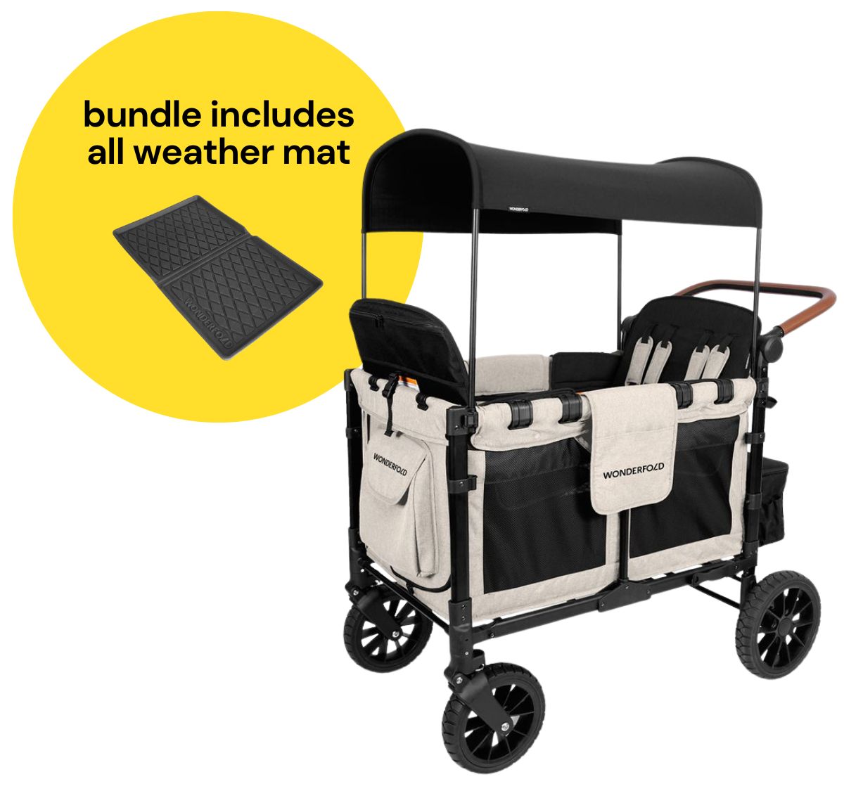 WonderFold W4 Luxe Multifunctional Quad (4 Seater) Stroller Wagon + All Weather Mat Bundle - Sandy Beige / Black Canopy (Albee Exclusive)