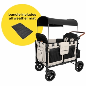 WonderFold W4 Luxe Multifunctional Quad (4 Seater) Stroller Wagon + All Weather Mat Bundle - Sandy Beige / Black Canopy (Albee Exclusive)