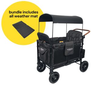 WonderFold W4 Luxe Multifunctional Quad (4 Seater) Stroller Wagon + All Weather Mat Bundle - Volcanic Black
