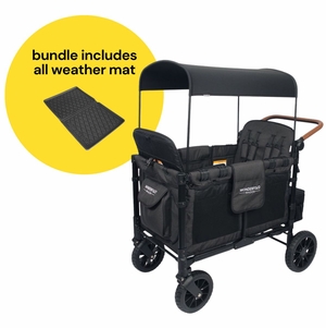 WonderFold W4 Luxe Multifunctional Quad (4 Seater) Stroller Wagon + All Weather Mat Bundle - Volcanic Black