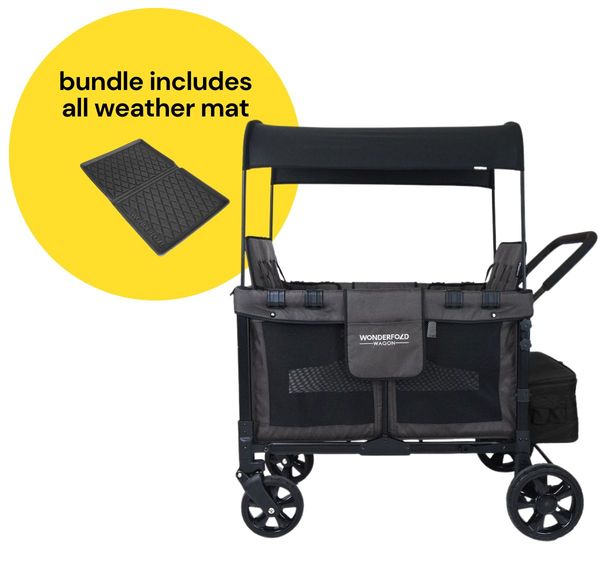 WonderFold W4 Original Quad (4 Seater) Stroller Wagon + All Weather Mat Bundle - Black