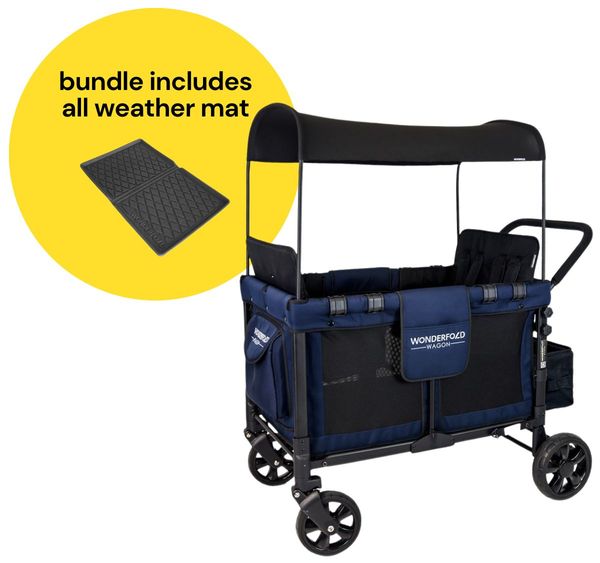 WonderFold W4 Original Quad (4 Seater) Stroller Wagon + All Weather Mat Bundle - Navy