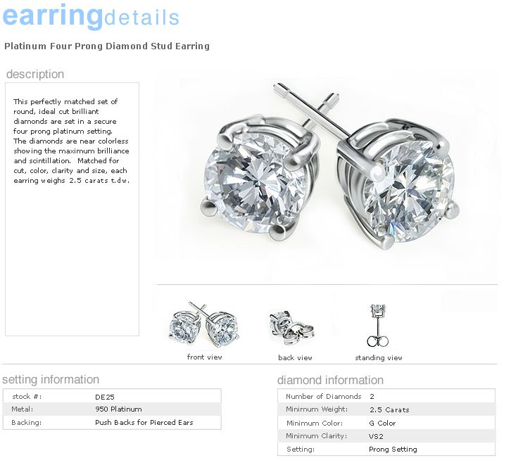 2 Carat Round 950 Platinum Created Diamond Earrings – Screw Back Basket Setting, D Color VVS1