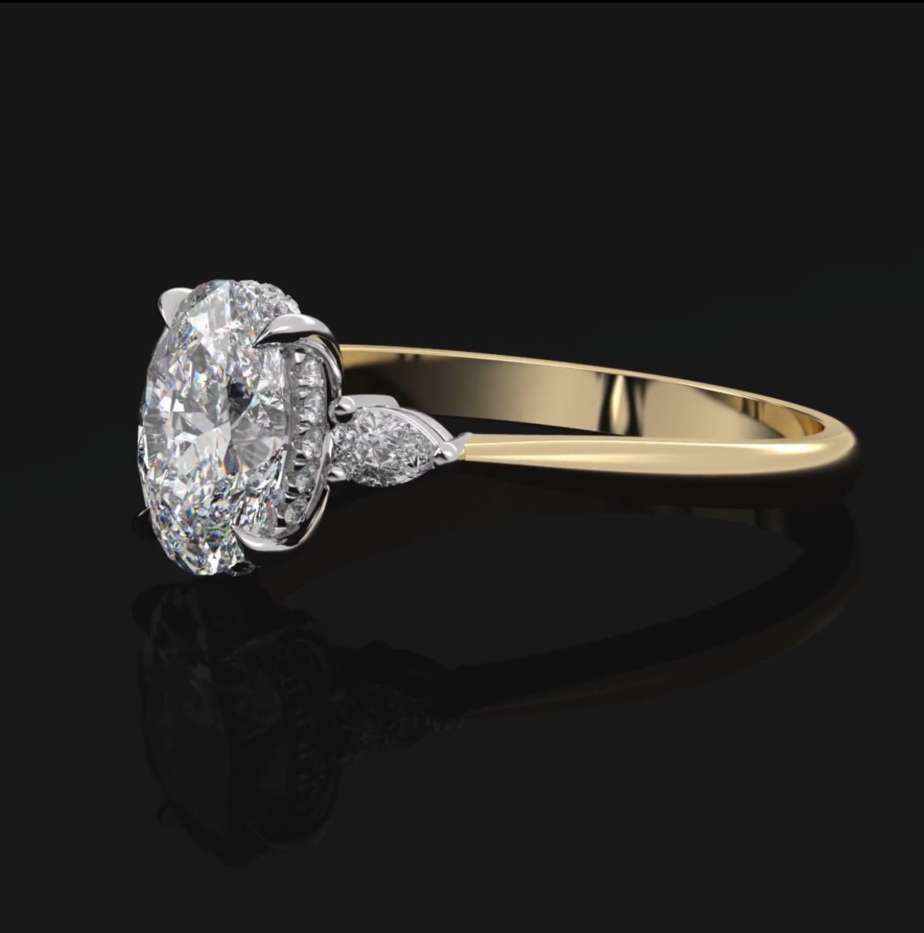 2-Carat Oval Diamond Engagement Ring with Pear Cuts & Halo (Two-Tone)