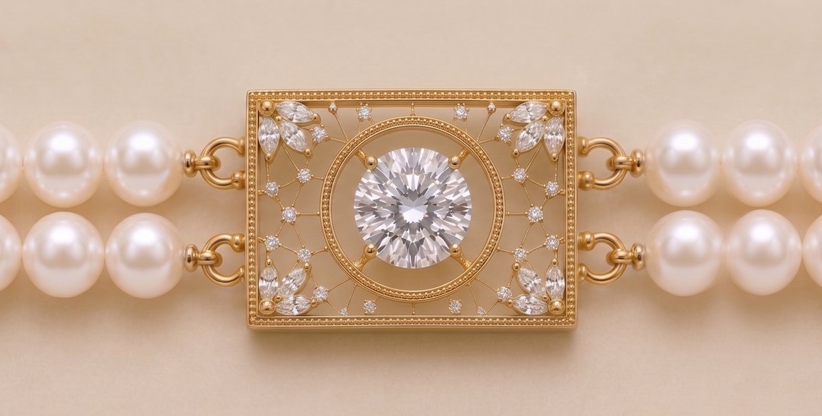 A Lattice Diamond Clasp on a Double Strand of Pearls