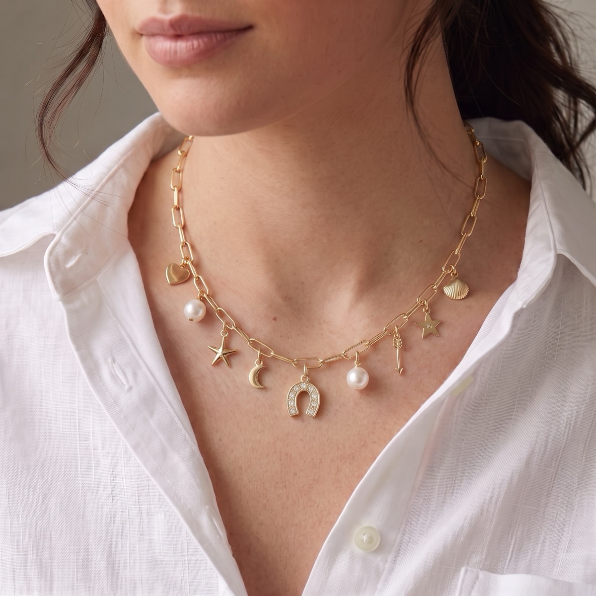 A Multi-Charm Pearl Necklace on a 14K Gold Paperclip Chain