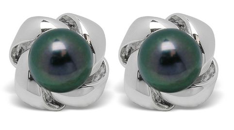 Natural Black Akoya Cultured Pearl Dangle Earrings In White Gold Plated