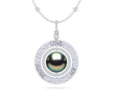 Tahitian Pearl Love Truth Joy Hammered Amulet Necklace