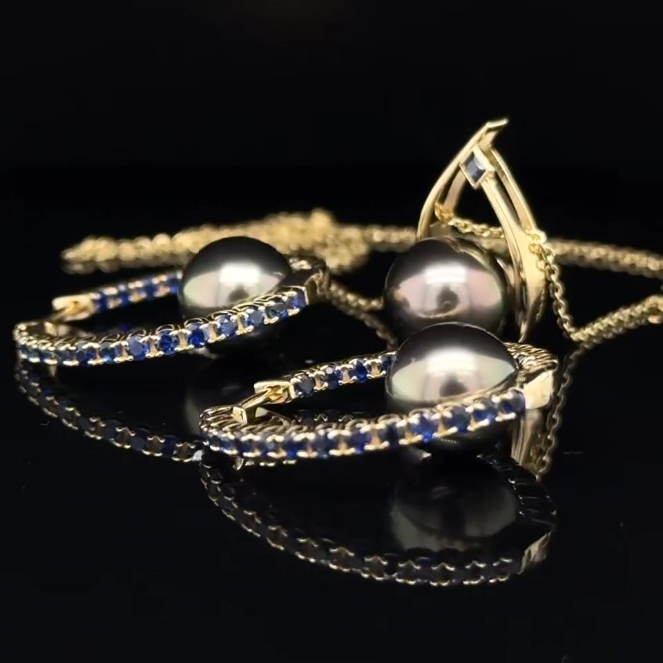 Tahitian Peacock Pearls: A Wish Pendant & Matching Sapphire Hoops