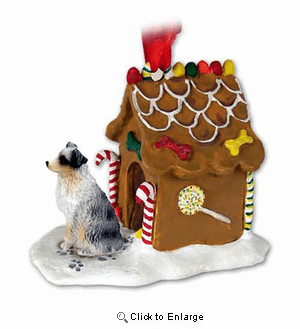 Australian Shepherd Gingerbread House Christmas Ornament Blue Docked Tail