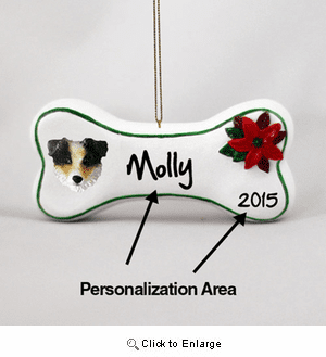 Australian Shepherd Personalized Dog Bone Christmas Ornament Blue