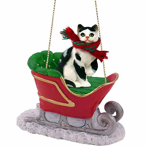 Black and White Cat Sleigh Ride Christmas Ornament