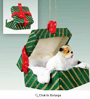 Bulldog Gift Box Christmas Ornament White