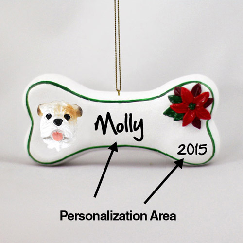 Bulldog Personalized Dog Bone Christmas Ornament White