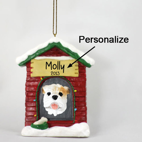 Bulldog Personalized Dog House Christmas Ornament White