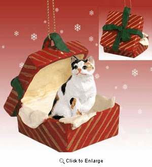 Calico Cat Gift Box Red Christmas Ornament