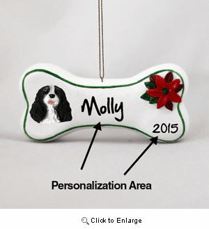 Cavalier King Charles Spaniel Personalized Dog Bone Christmas Ornament Black-White