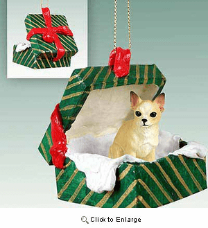 Chihuahua Gift Box Christmas Ornament Tan-White