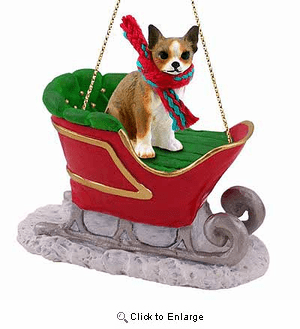 Chihuahua Sleigh Ride Christmas Ornament Brindle-White