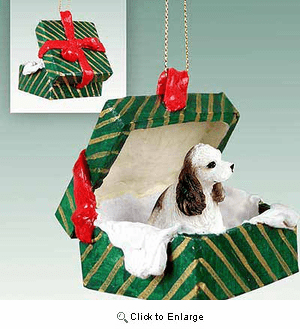 Cocker Spaniel Gift Box Christmas Ornament Brown-White