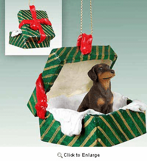 Doberman Pinscher Gift Box Christmas Ornament Red Uncropped