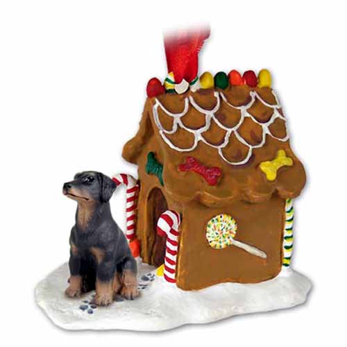 Doberman Pinscher Gingerbread House Christmas Ornament Black Uncropped