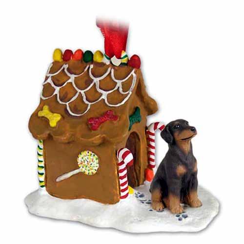 Doberman Pinscher Gingerbread House Christmas Ornament Red Uncropped