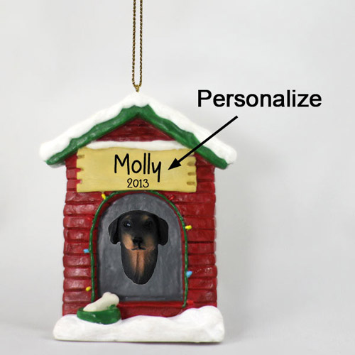 Doberman Pinscher Personalized Dog House Christmas Ornament Black Uncropped