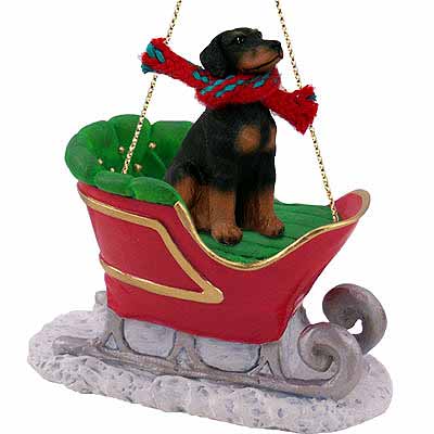 Doberman Pinscher Sleigh Ride Christmas Ornament Black Uncropped