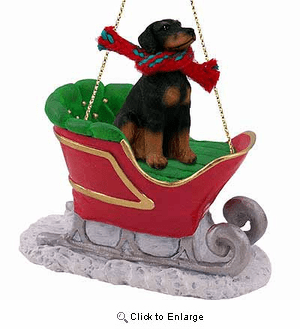Doberman Pinscher Sleigh Ride Christmas Ornament Black Uncropped