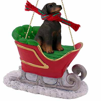 Doberman Pinscher Sleigh Ride Christmas Ornament Red Uncropped
