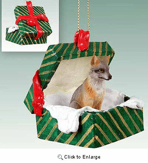 Fox Gift Box Christmas Ornament Gray