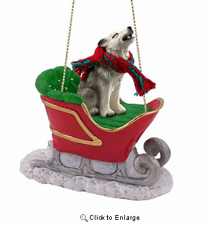Gray Wolf Sleigh Ride Christmas Ornament