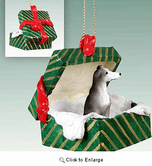 Greyhound Gift Box Christmas Ornament Blue