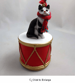 Little Drummer Black & White Cat Christmas Ornament