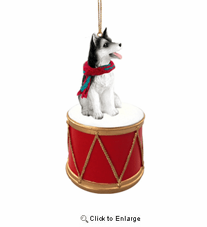 Little Drummer Siberian Husky Black-White Brown Eyes Christmas Ornament