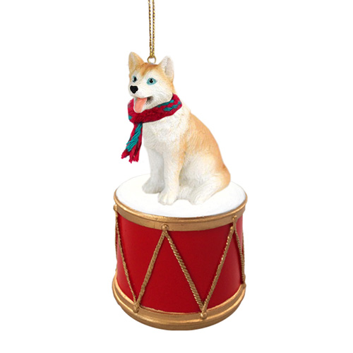 Little Drummer Siberian Husky Red-White Blue Eyes Christmas Ornament