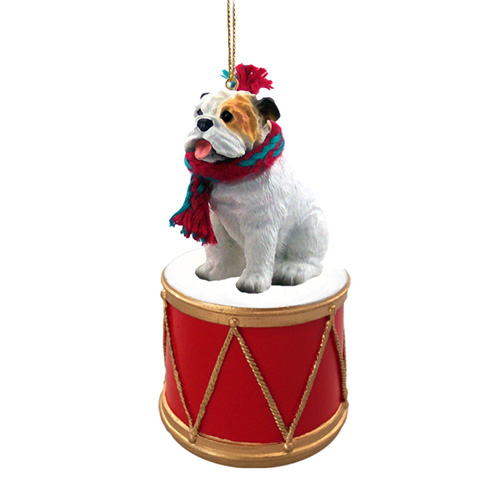 Little Drummer White Bulldog Christmas Ornament