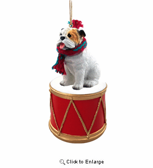 Little Drummer White Bulldog Christmas Ornament