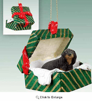 Longhaired Dachshund Gift Box Christmas Ornament Black