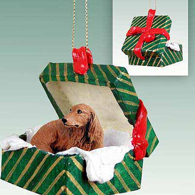 Longhaired Dachshund Gift Box Christmas Ornament Red