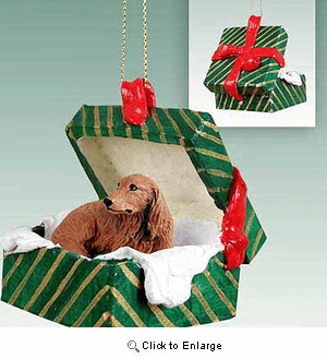 Longhaired Dachshund Gift Box Christmas Ornament Red