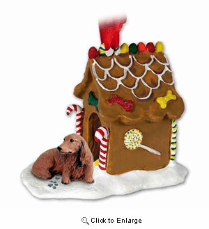 Longhaired Dachshund Gingerbread House Christmas Ornament Red