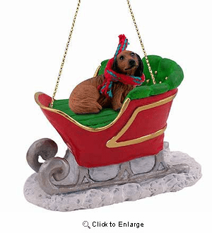 Longhaired Dachshund Sleigh Ride Christmas Ornament Red