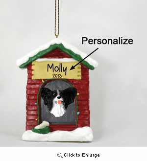 Papillon Personalized Dog House Christmas Ornament Black-White