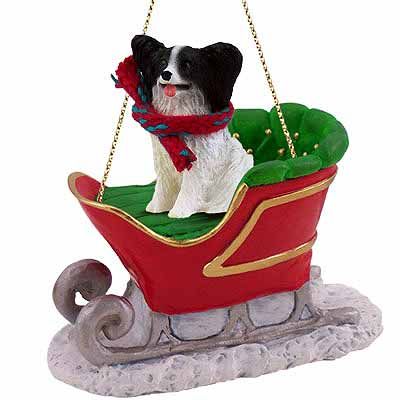 Papillon Sleigh Ride Christmas Ornament Black-White