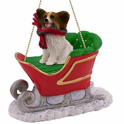 Papillon Sleigh Ride Christmas Ornament Brown-White