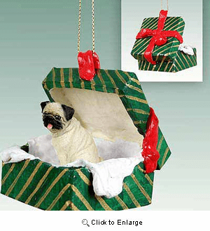 Pug Gift Box Christmas Ornament Fawn