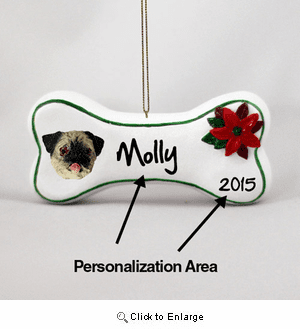 Pug Personalized Dog Bone Christmas Ornament